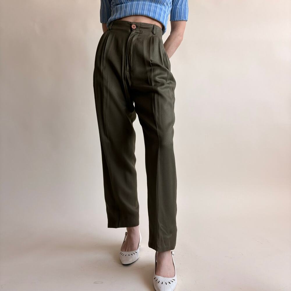 Saks Fifth Avenue Olive Green Linen Trousers - High Waisted, Pleated, Cropped